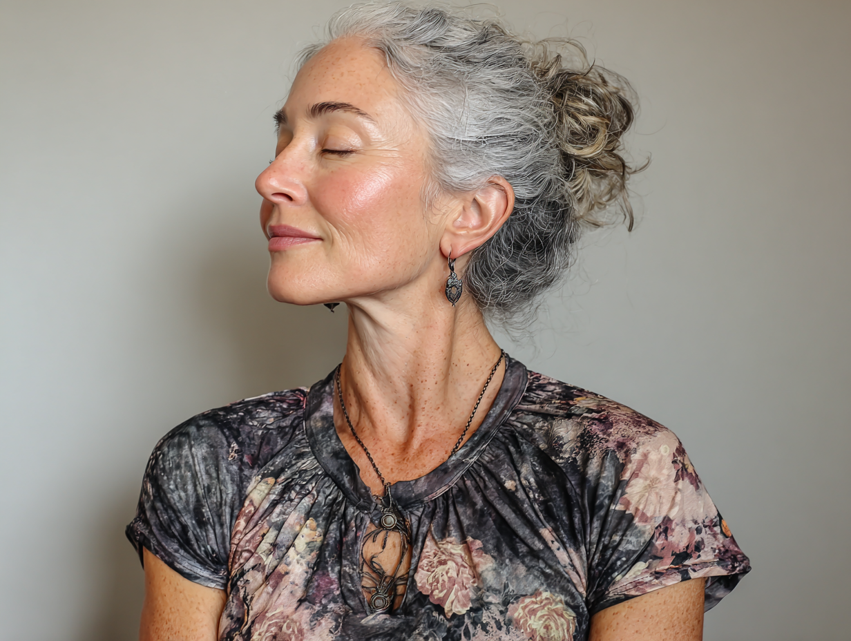 Жінка середнього віку виконує асану в домашніх умовах на фоні великих вікон